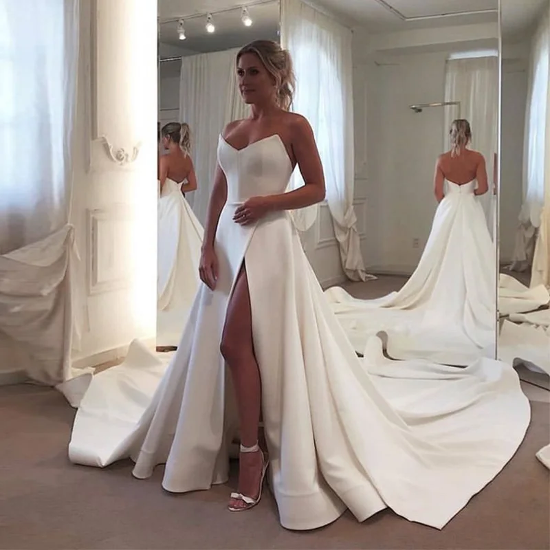 Simple Wild Wedding Dresses White Ivory Satin 2019 Vestido De Novia Sexy Front Split Wedding Gowns With Long Train Custom Made