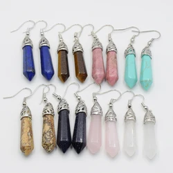 Hot Sale Lapis Lazuli Tiger Eye Stone Pink Quartzs Black Onyx Opal Rhodonite Hexagon Faceted Hook Dangle Earrings