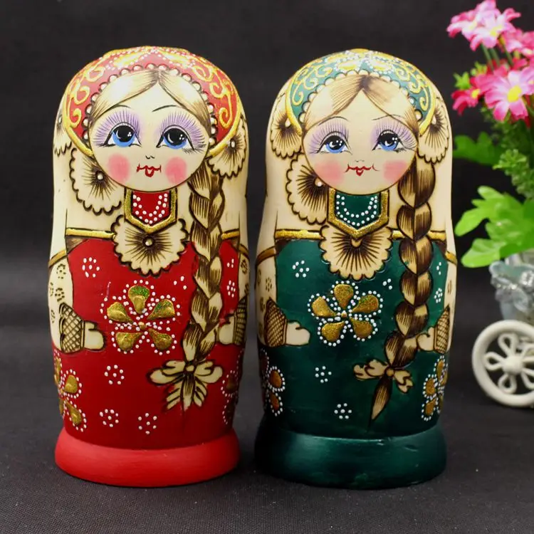 Fashion Wedding Gifts 7pcs Wood Russian Nesting Dolls Red Green Braids Girls Traditional Matryoshka Dolls Child Education Toys