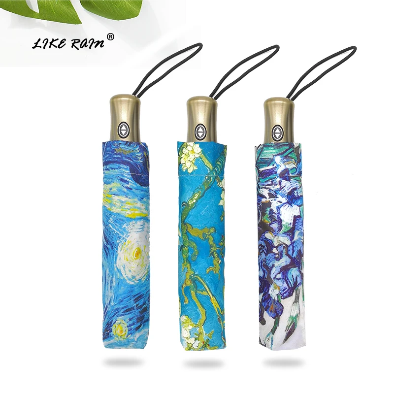 LIKE RAIN Brand Female Automatic Umbrella Rain Women Van Gogh Umbrella 3 Folding Windproof Silver Coating Sun Umbrellas UBY01