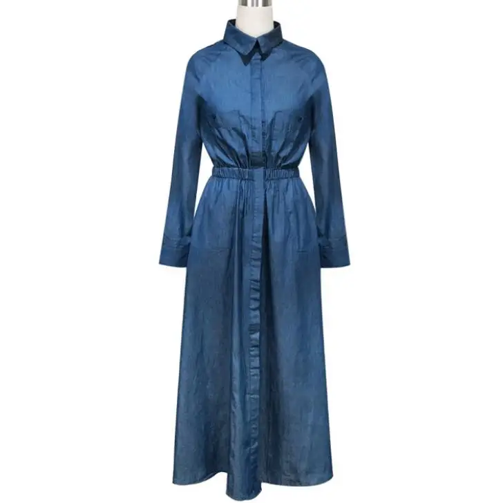 Fashion Spring 2022 Vintage Solid Women Dress Lapel High Waist Long Sleeeve Slim mid Length Denim Dress