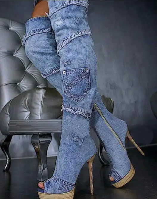 Woman Platform Wedge Boots Denim Blue Lace Flower Knee High Boots Sexy Open Toe Cutouts Sandal Boots Summer High Heel Boots