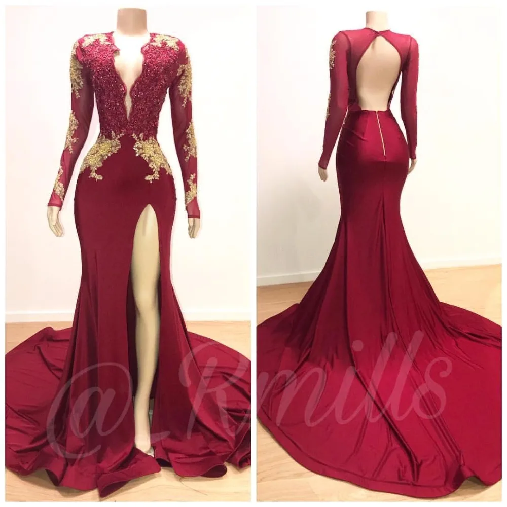 FATAPAESE Chapel Train Appliqued Burgundy Prom Dresses Sexy Slit Front V Neck Keyhole Back Evening Party Gowns Robe de soiree