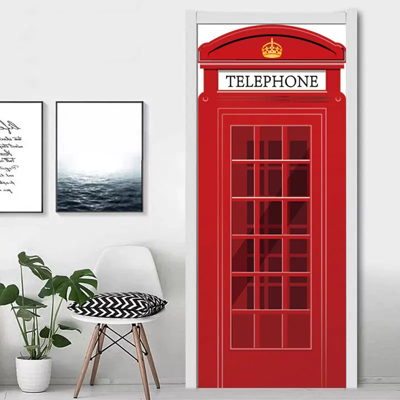 

90x200cm British London Red Telephone Booth Door Sticker DIY Home Decor Decal Waterproof PVC Door Mural Self Adhesive Wallpapers