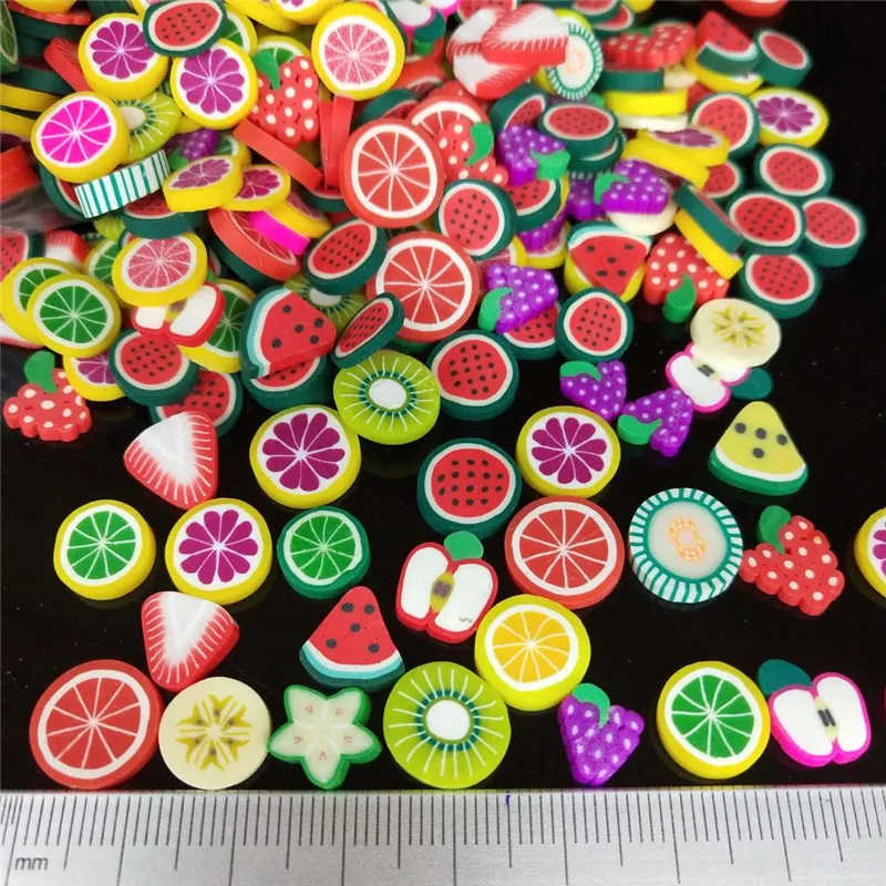 20g/lot 1cm Fruits Polymer Clay Sprinkles Plastic Klei Mud Particles Watermelon Strawberry Pitaya Lemon Grape Apple Kiwifruit