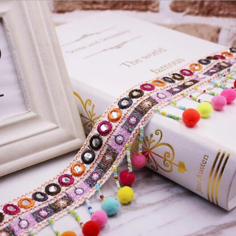 Beads Tassel Lace Trim Bohemian Style Mirror Ribbon Pompom Trim Sewing On Clothes Bag Crafts Accessories Fringe Braid Ribbon