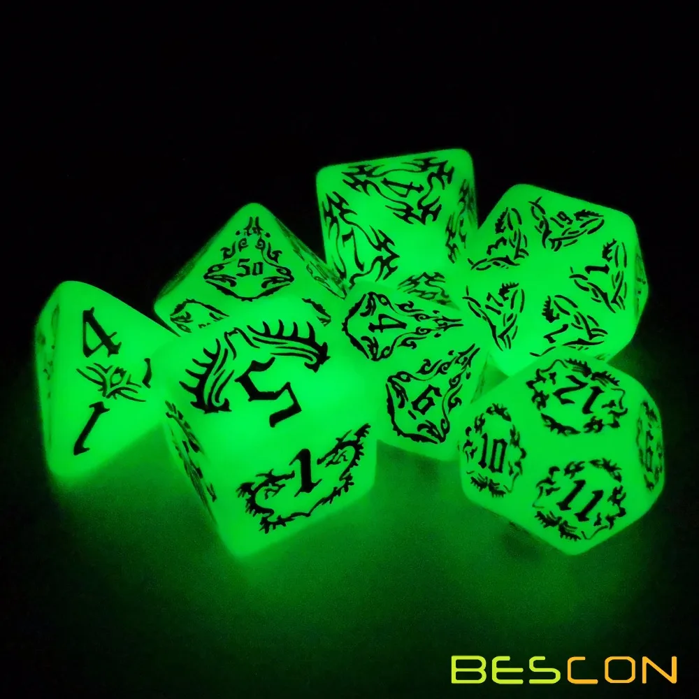 BESCON DARK ELVES Glowing Dice Set (7 piece), Oversized GLOW IN DARK Carved Role Playing Games RPG Dice Set