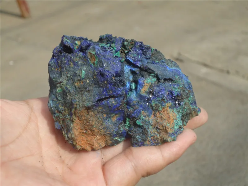 

335G Royal Blue Azurite Geode w/Malachite Balls group on copper