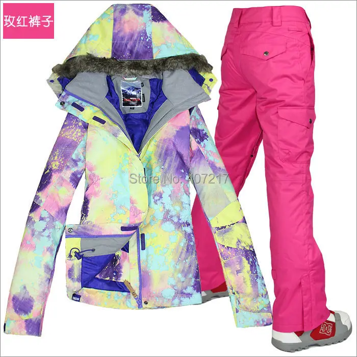 Ski Suit Dames Sale Womens Violet|Pink|Light Blue Snowboarding Jacket And Light Blue Pants Set Snow Wear Ski wear Waterproof 10K