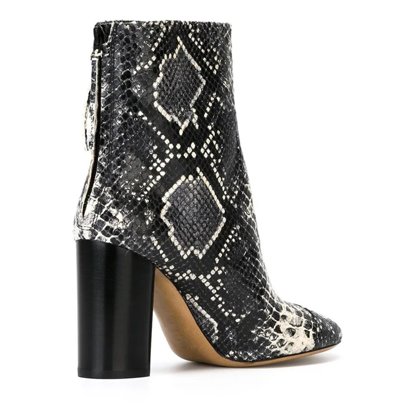 Ladies Python Leather Ankle Boots Plush Inside Winter Women Round toe Chunky High Heels Warm Snakeskin Leather Short Bottines