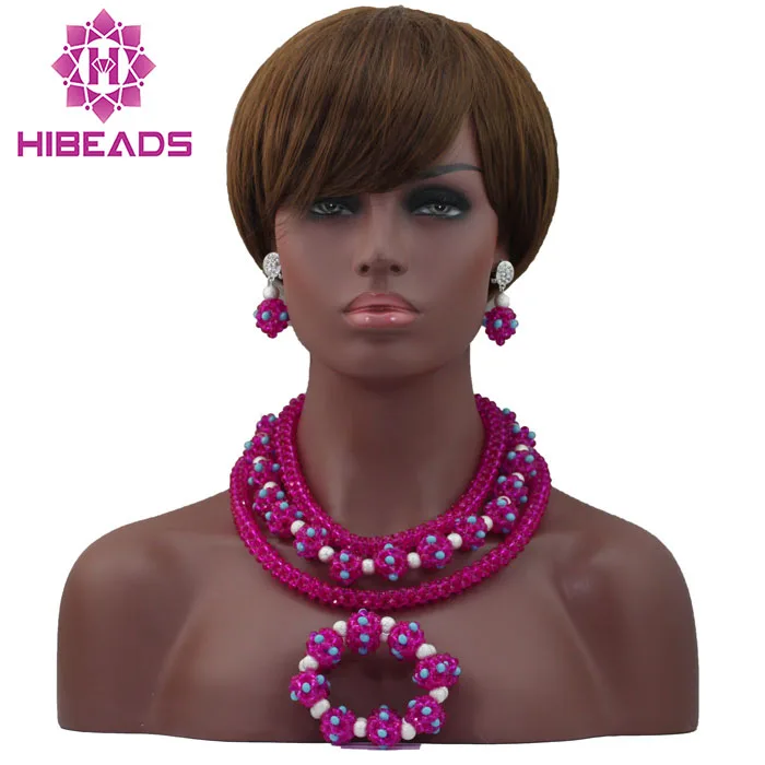 

Pink Necklace Set Women Indian Jewellery Set Crystal Beaded Necklace Earrings Bracelet Jewelry Engagement Free Shipping ABL585