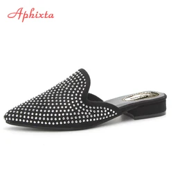 Aphixta Women Slippers Crystal Sequined Cloth Women Sandals Pointed Toe Square Heel Bling Loafers Mules Summer Ladies Shoes