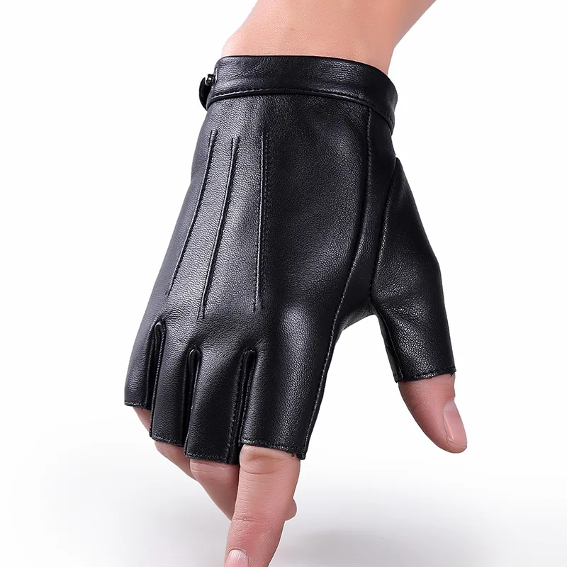 Guantes de piel de oveja de medio dedo para hombre y mujer, guante de conducción de muñeca, sólido, Unisex, mitones sin dedos, Y-02-5 de cuero