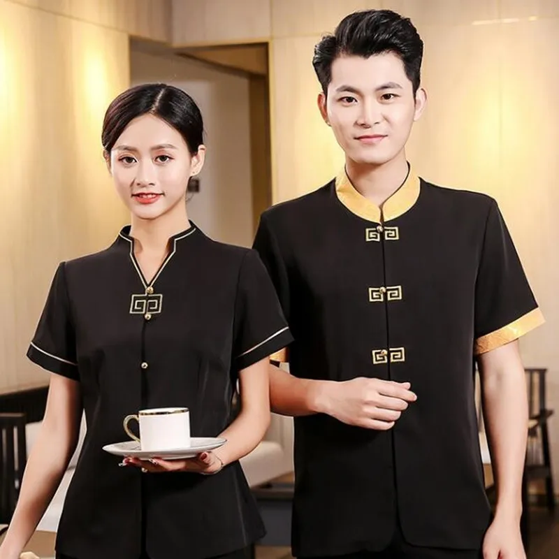 Hotel Waiter Work Clothes Summer Short Sleeved Chinese Tea Restaurants Overalls Hot Pot Restaurants Women Waitress Uniform H2166