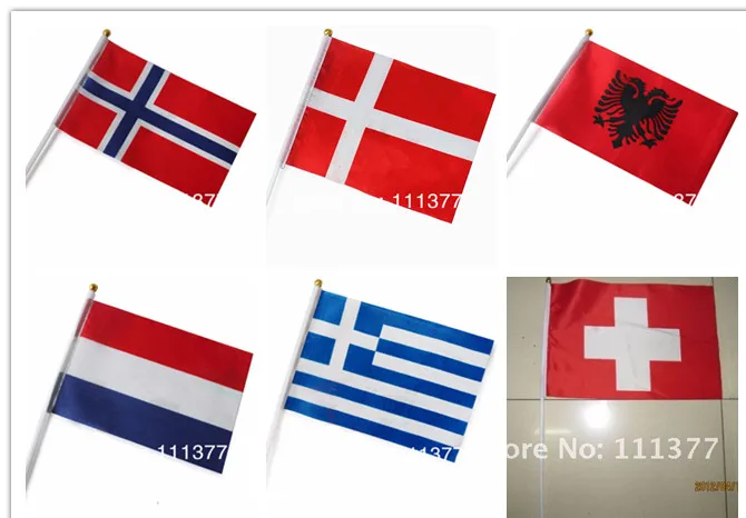 6 European countries' polyester flags Albanian Greece Netherlands Norway Switzerland Denmark Flags 14*21 cm with plastic poles