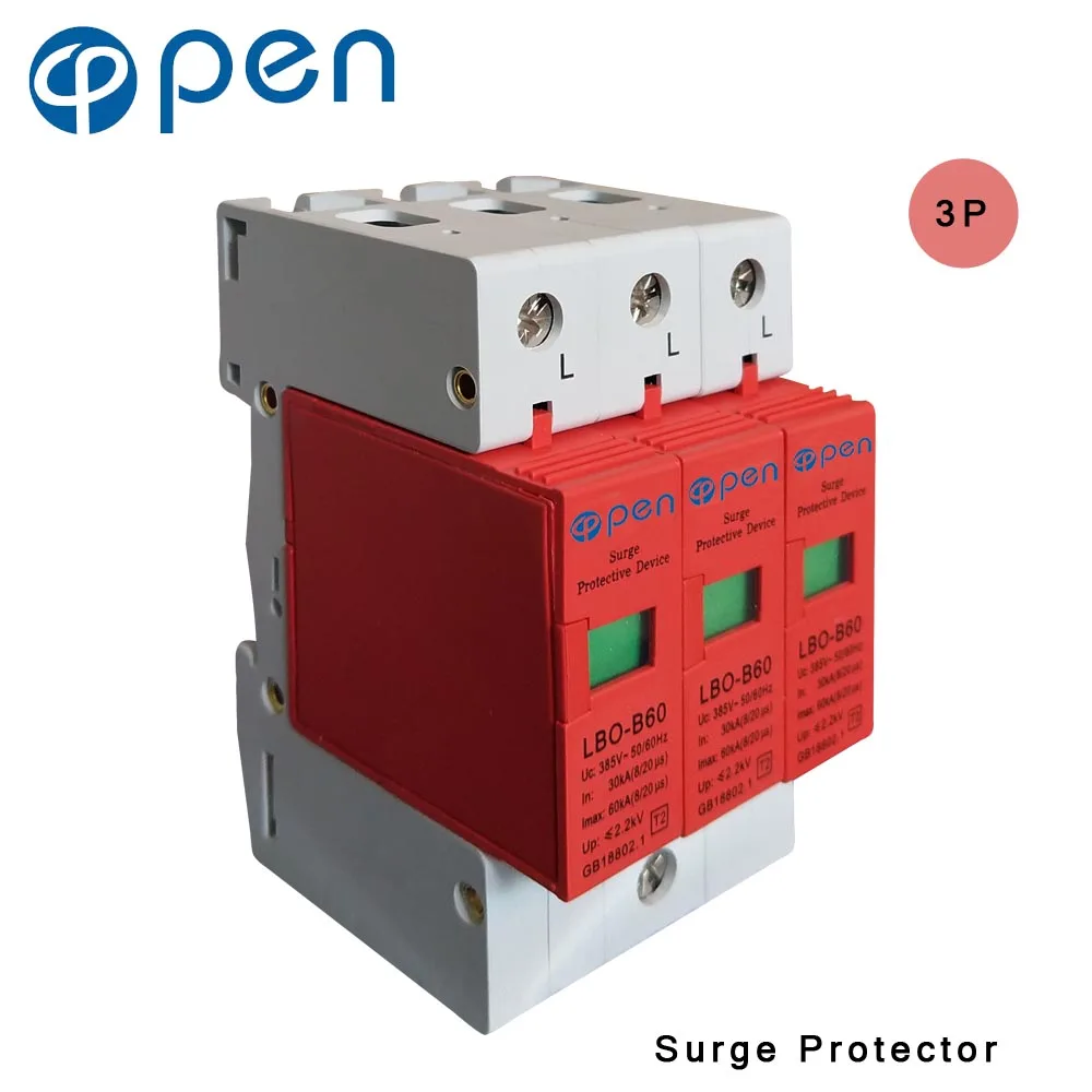 

OPEN LBO-B60 Series Household SPD Surge Protector 3P 30kA 60kA 380VAC Low Voltage Arrester Device Red