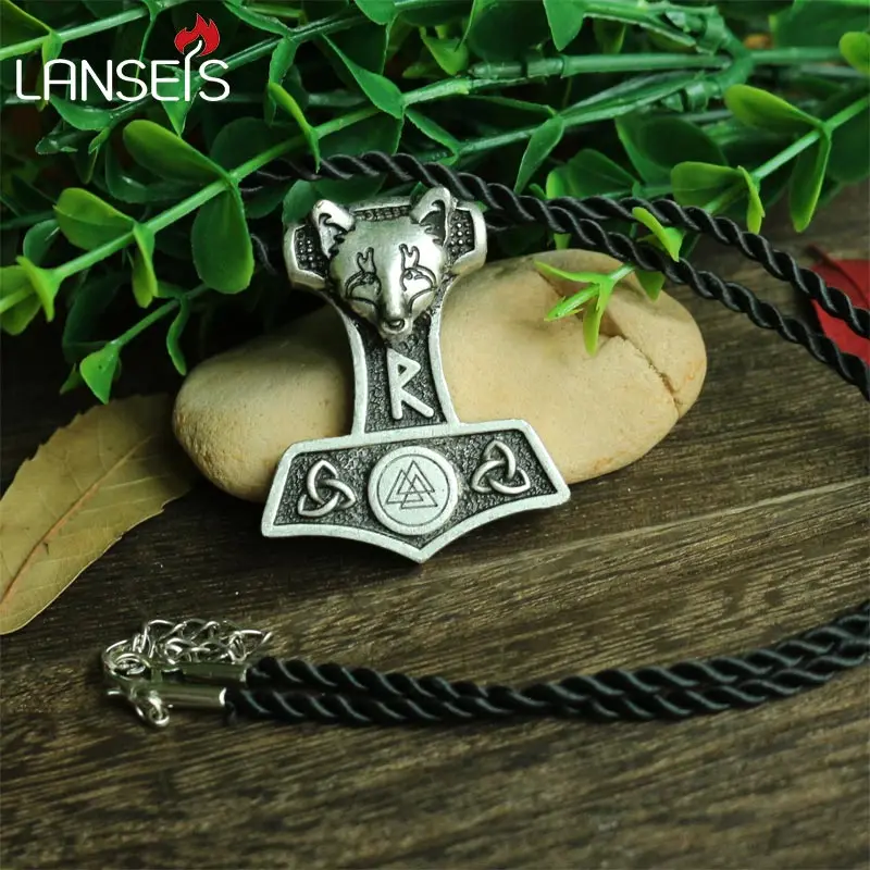 

lanseis10pc wholesale norse fox Thor Hammer pendant viking Norway valknut symbol necklace Triquetra men pendant Amulets jewelry