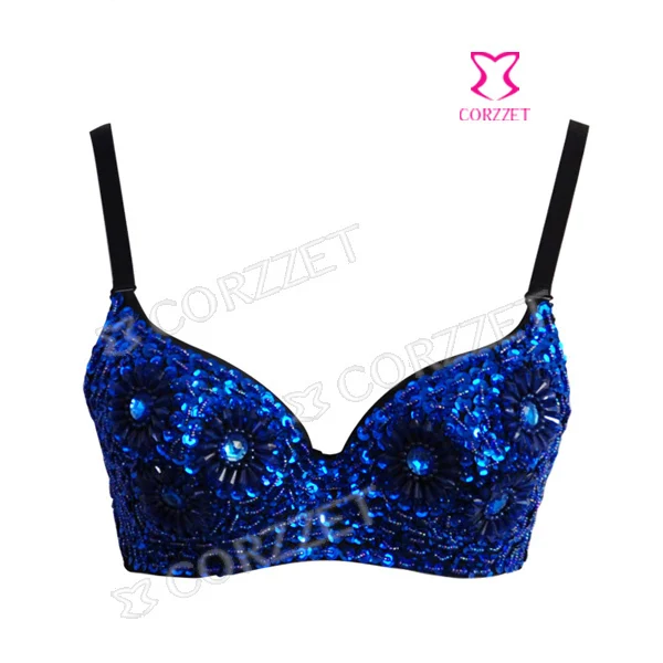 

Girls Punk Nightclub Party Dance Wear Women Blue Shinning Floral Sequins Beaded Sexy Underwire Bra Bralet Underwear 3/4 B Cup