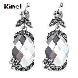 Kinel Hot Brand Design Vintage Flower Big Drop Earrings Antique Tibetan Silver Fashion Jewelry Gray Crystal Earrings For Women