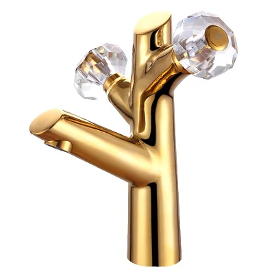 GOLD PVD clour solid brass double crystal handles bathroom basin sink faucet mixer tap single hole deck mounted