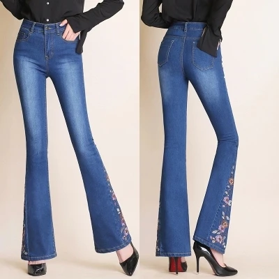 Spring and autumn new women's stretch jeans high waist fashion national wind embroidery micro-horn jeans TB180816