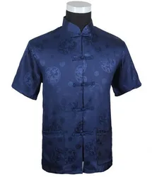 Camisa chinesa de cetim de seda Kung-Fu para homens, Top com dragão, azul escuro, tamanho S M L XL XXL XXXL, frete grátis, M2066