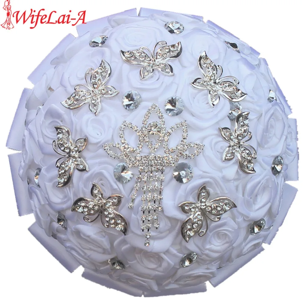 WifeLai-A Handmade Butterfly Crystal Brooch Silk Bridal Wedding Bouquets White Stunning Diamonds Artificial Flower Bouquets W122