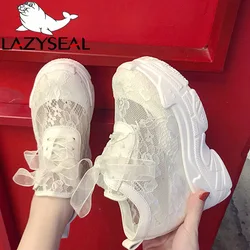 LazySeal Height Increasing Lace Platform Ankle Boots Shoes Women Lace-Up Walking Shoes White Breathable Air Mesh Woman Sneakers