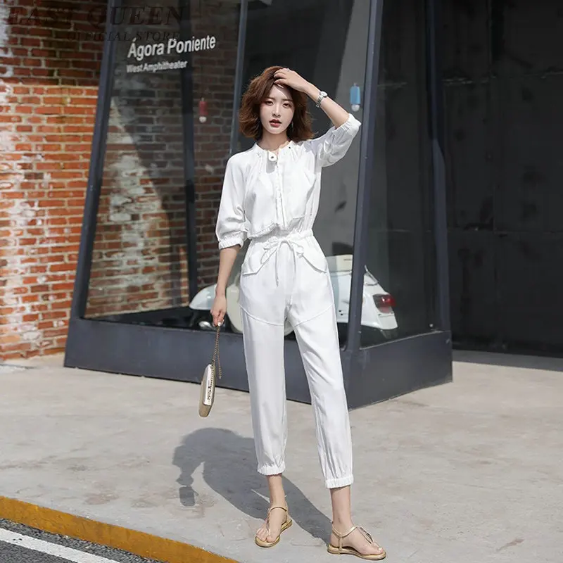 Putih Jumpsuit 2019 Musim Semi Musim Panas Hip Hop Overall Pinggang Elastis Setengah Lengan Harem Celana Kodok Saku Wanita Dungarees DD2223