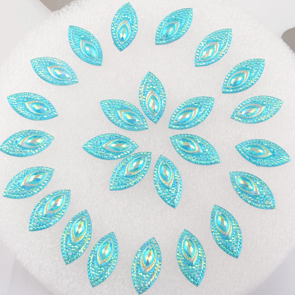 BOLIAO 20Pcs 11*22 mm (0.43*0.87 in) AB Color Horse eye Shape Light Blue Resin Flatback Sew On Clothes/Home Decor Crafts DIY