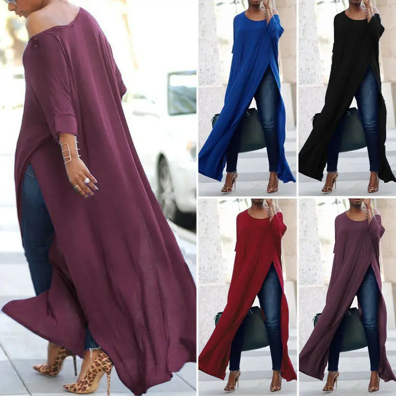 

Womens Casual Solid Off Shoulder High Split Crop Top Dress Pullover Long Maxi Blouse