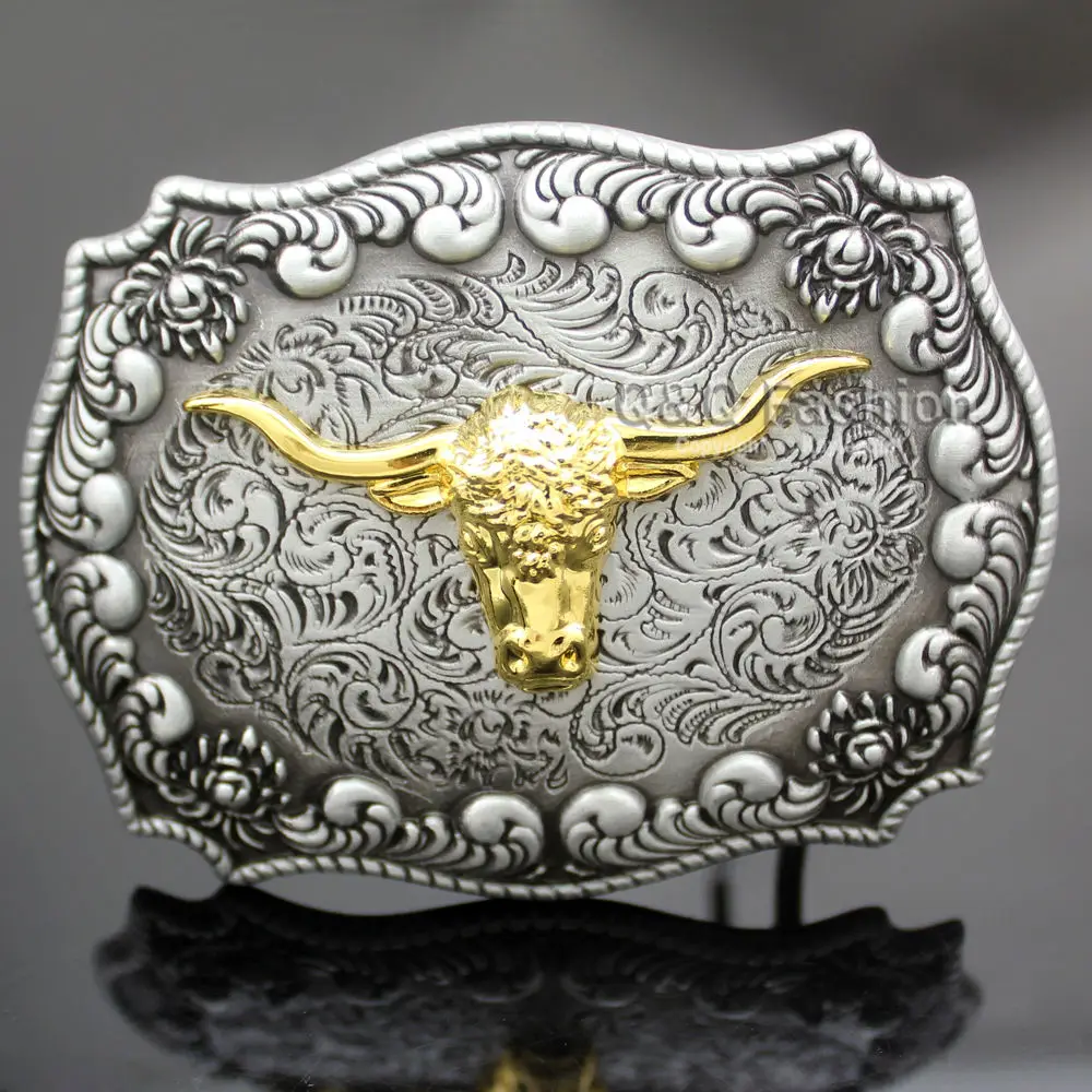 Western Vintage Engraved Gold Horn Bull Belt Buckle Men Jewelry Head Rodeo Cowboy Metal Accessories 4cm Width Belt Dropshipping