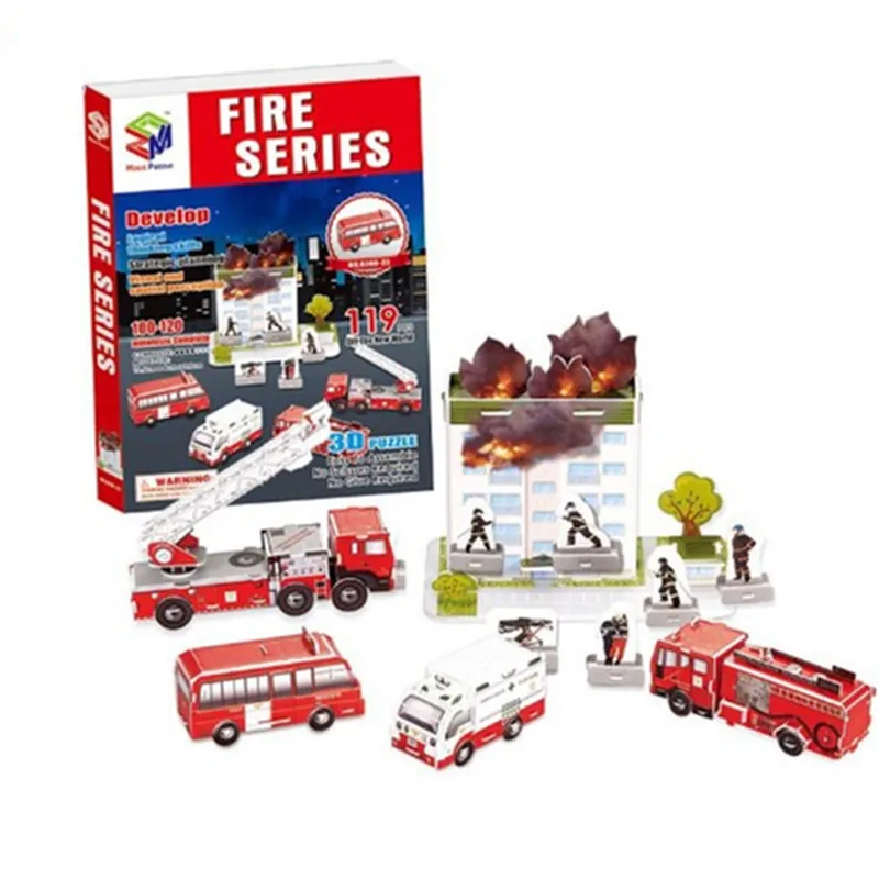 Red fire truck series 3d Coated paper Fire ladder Sprayer vehicle ambulance Puzzle assembling kids toy learning practice