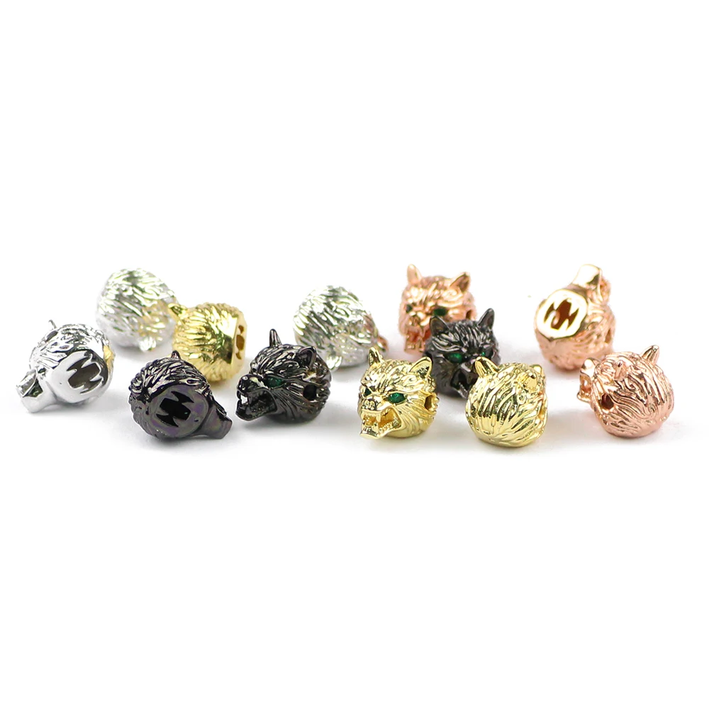 BTFBES Free shipment 4pcs Green eyed Wolf head charm Men\'s bracelet making DIY Jewelry Copper beads Metal discovery create Beads