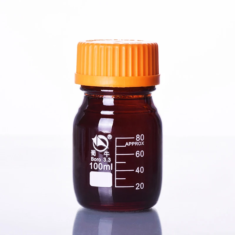 

Brown reagent bottle,With yellow screw cover,Borosilicate glass 3.3,Capacity 100ml,Graduation Sample Vials Plastic Lid