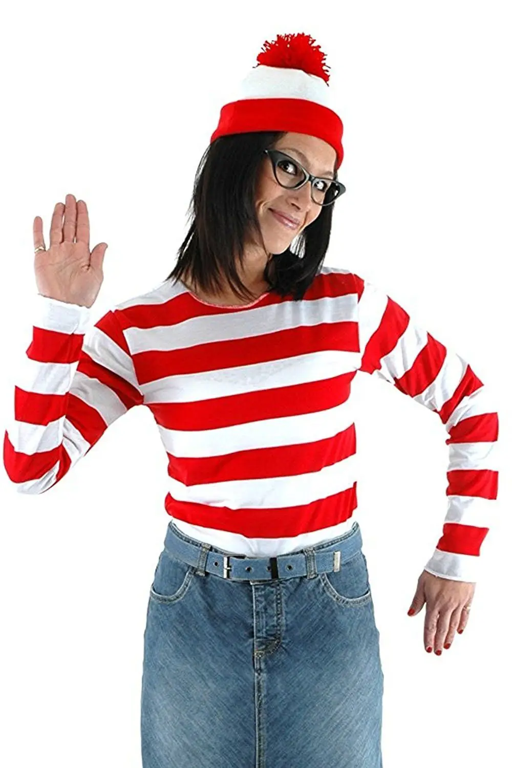 Where's Wally Waldo Now Womens Cosplay Stripe Shirt Costume Shirt Hat Glasses Set Halloween Carnival Christmas Suit