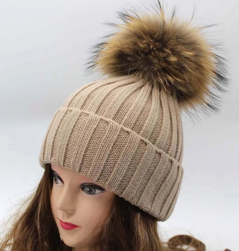 18cm Big Pompon Autumn Winter Beanie Women\'s Hat Real Fur Pompom Cap Solid Knitted Skullies Beanies For Ladies