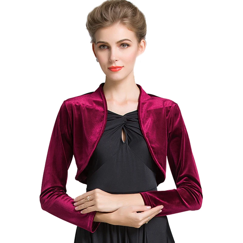 Burgundy Red Ladies Cropped Velvet Long Sleeve Shrug Womens Bolero Jacket Cardigan Outwear Top Plus Sizes available