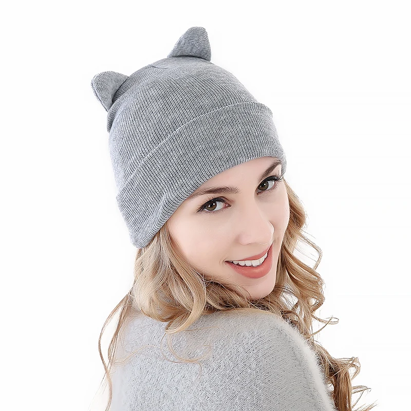 High Quality Cotton Women\'s Winter Hats Warm Knitted Hat With Ears Women\'s Hat Knit Caps Girl Beanies Hip-hop Skullies Femme