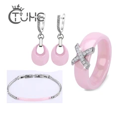 Fashion Pink White Black Water Drop Earrings Crystal Bracelet X Cross Rings For Women Stainless Steel Ceramic Jewelry Sets Gifts