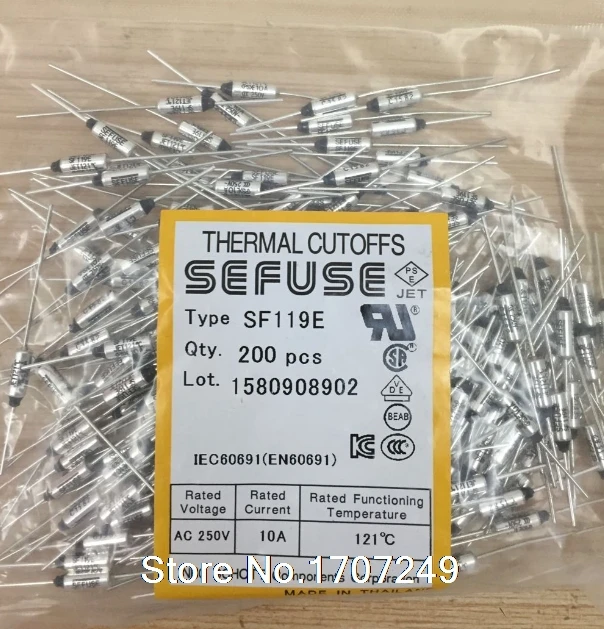 

Free Shipping 200PCS/lot NEW SF119E FUSE Cutoffs Thermal Fuse 121C 121 Degree 10A 250V Metal fuse