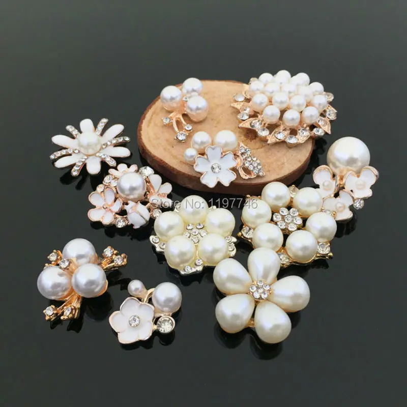 Nail Art DIY Crystal Flower Buttons with Pearls Zinc Alloy Flatback Rhinestone Various Flora Flower Embellishments 10pcs