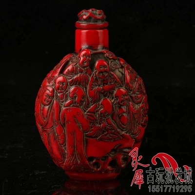 Antique Imitation Red Coral Resin Eighteen Rohan Snuff Bottle Ornament