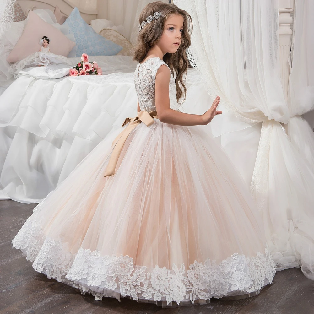 Fancy Beading Dresses Sleeveless Appliques Satin Button Flower Girl Dresses Wedding Christmas Tulle Ball Gowns New Arrival 2017