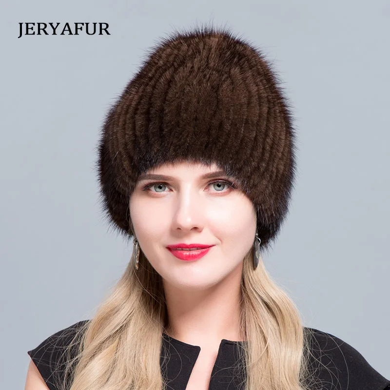 JERYAFUR Winter Natural Mink Fur Hats Women Warm Thick Lined Fur Knitted Caps Fashion Female Rhinestone Flower Beanie