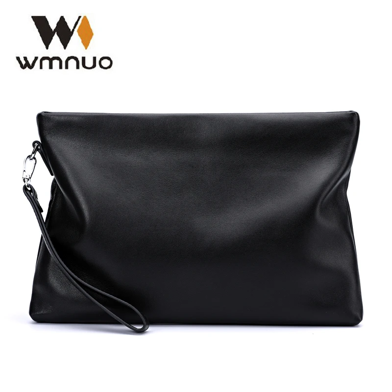 Wmnuo-Bolsa envelope de couro genuíno masculina, carteira de pele de carneiro, bolsa para telefone comercial, embreagem masculina, 2022