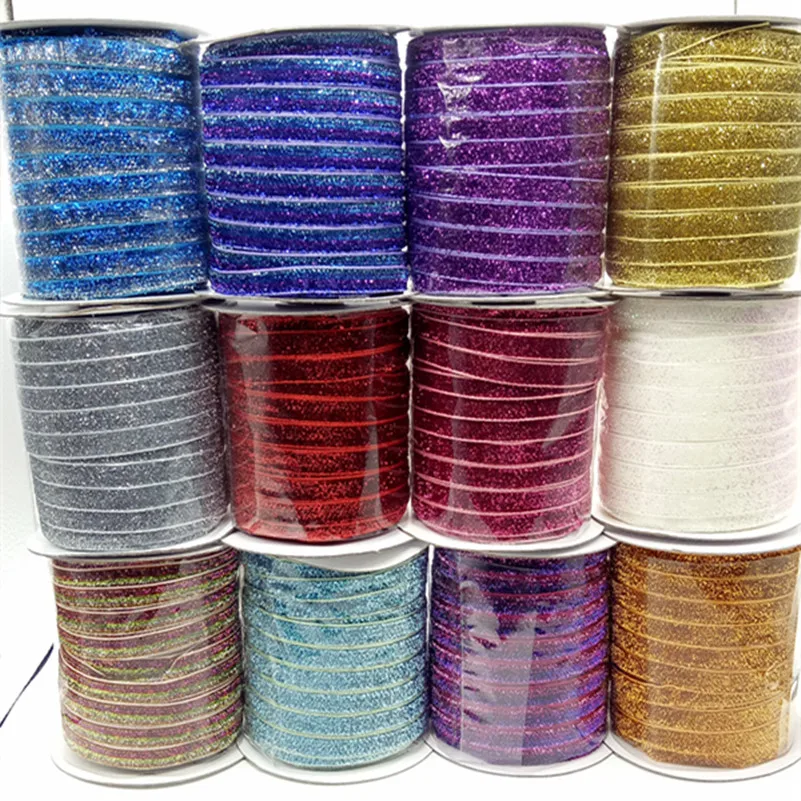 50 jardów 48 kolorów Sparkle Glitter metaliczna aksamitna wstążka z pałąkiem na głowę klipsy kokarda dekoracje ślubne dekoracje świąteczne DIY 3/8 "szerokość 10mm
