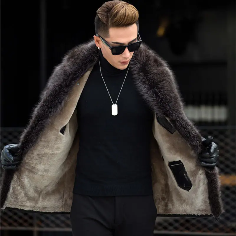 Male Raccoon Fur Collar Long Fur One Leather Men's Jacket Large Fur Warm Plus Size 4XL 5XL Winter Real Sheep Leather Coat MZ3267