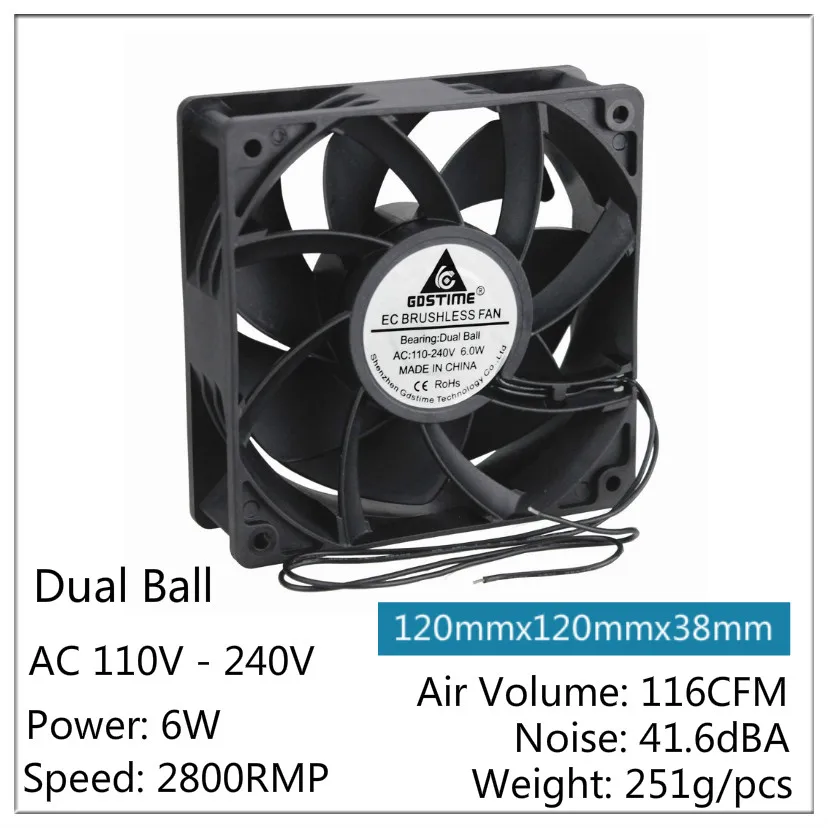 Gdstime 10 Pcs 120*120*38mm 12cm Motor AC DC EC Cooler 120mm x 38mm Brushless Cooling Fan AC 110V - 240V 12038 Ball