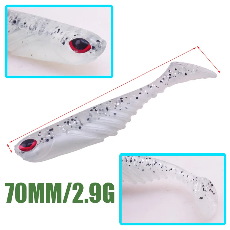 5Pcs/Lot Shad Silicone Soft Bait 7cm 3g 3D Eyes T Tail Fish Worm Fishing Lure Swimbaits Artificial Baits Jig Wobblers Tackle